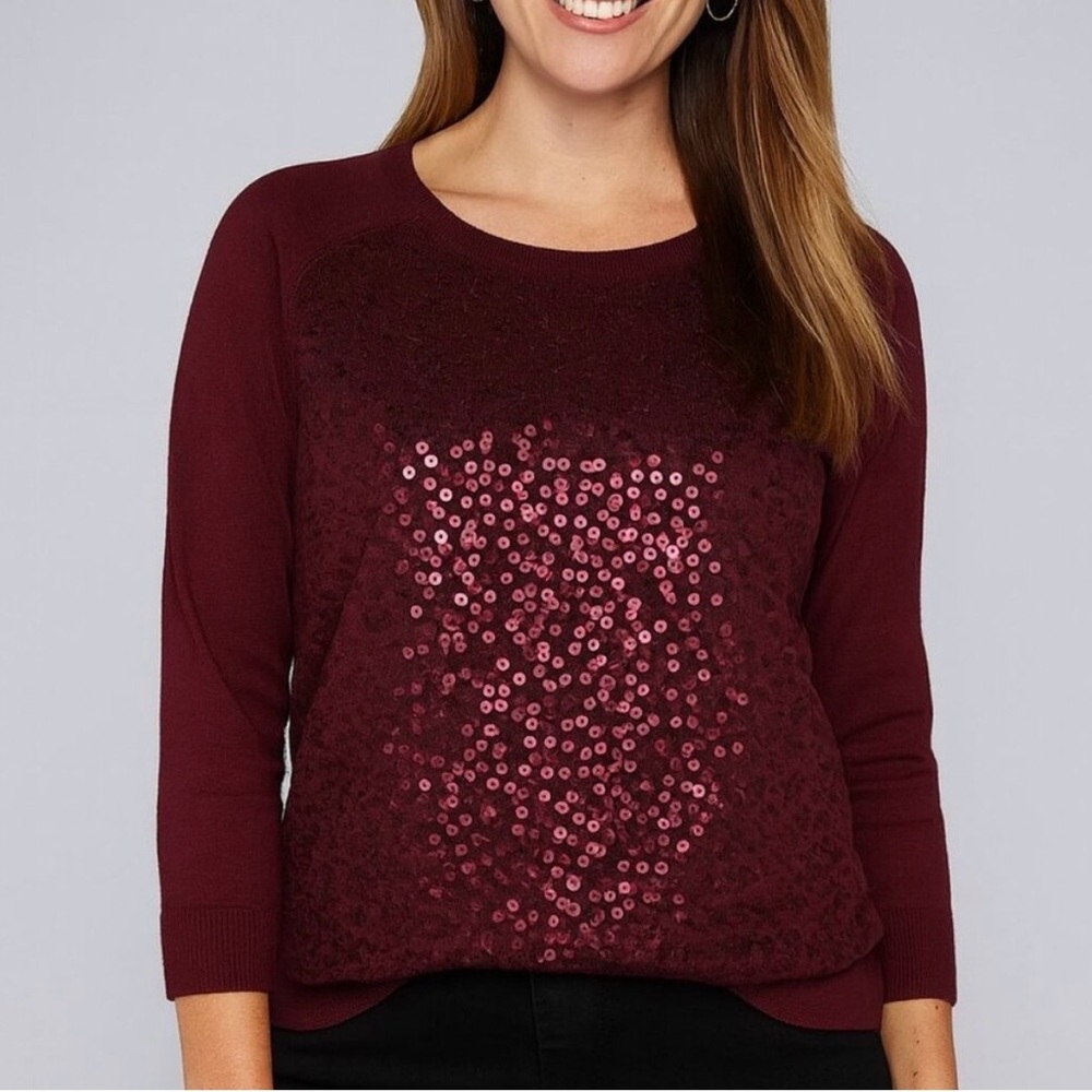 LOFT Burgundy Sequin Front Cotton Sweater Women’s Size L